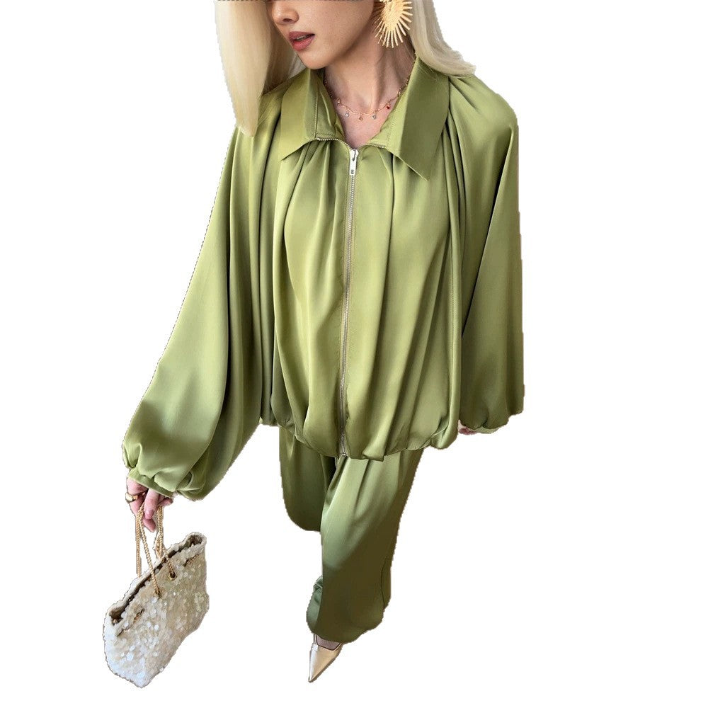 Women Elegant Satin Two-Piece Set with Oversize Blouse and Wide Palazzo Pants Chichicherry