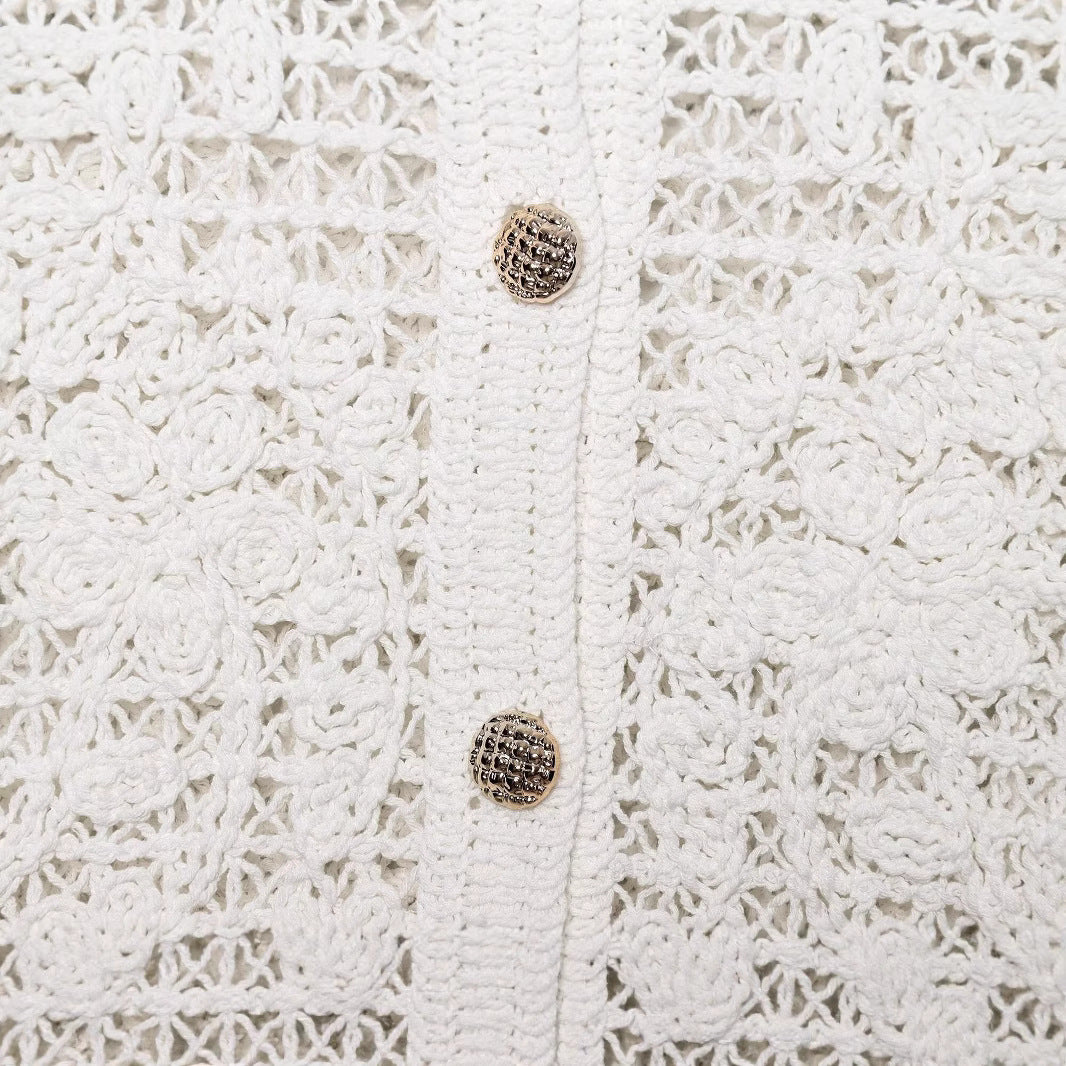 Women's Crocheted Short Jacket in Boucle Look with Decorative Buttons and Patch Pockets Chichicherry