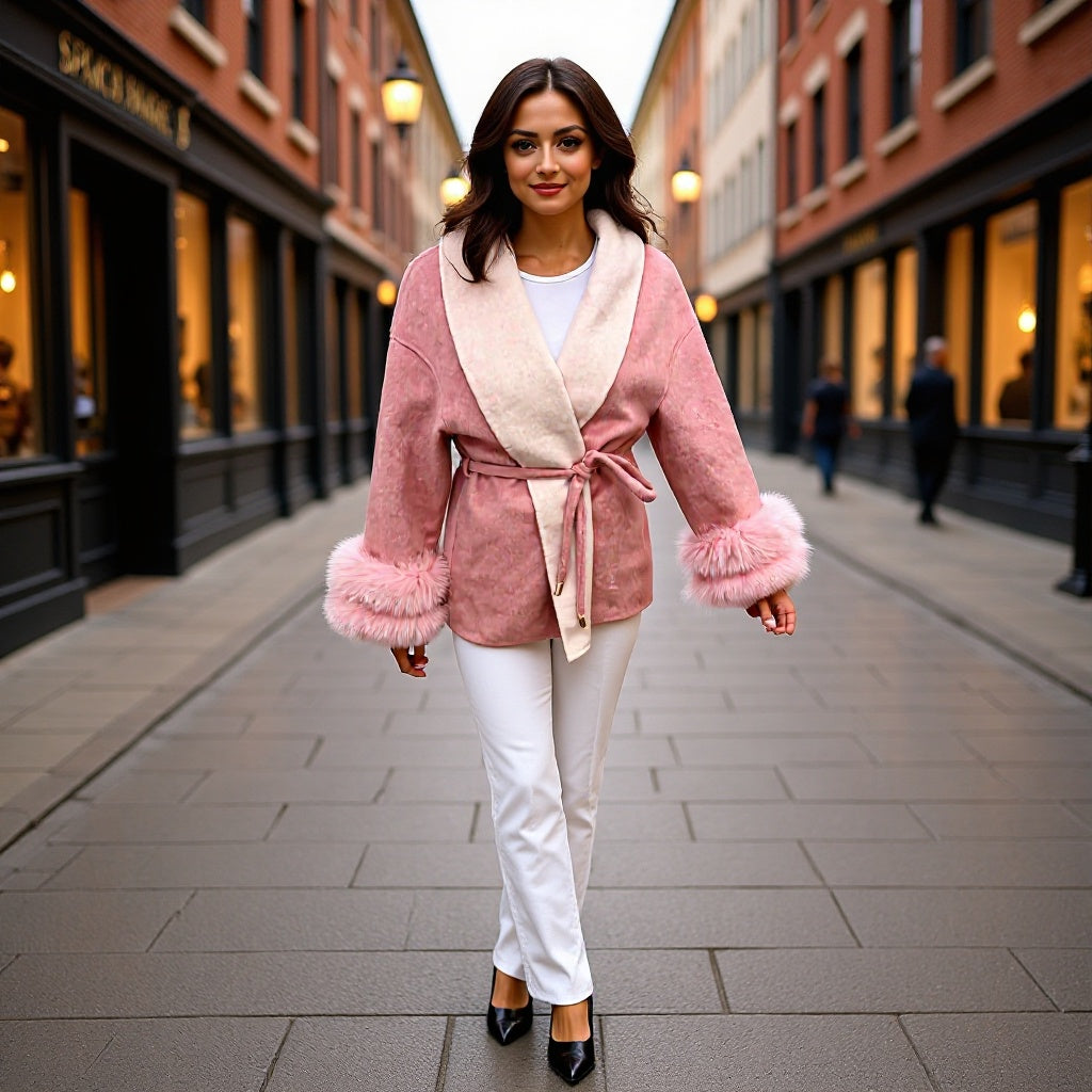 Women's short coat with wide shawl collar, belt and fur cuffs Chichicherry