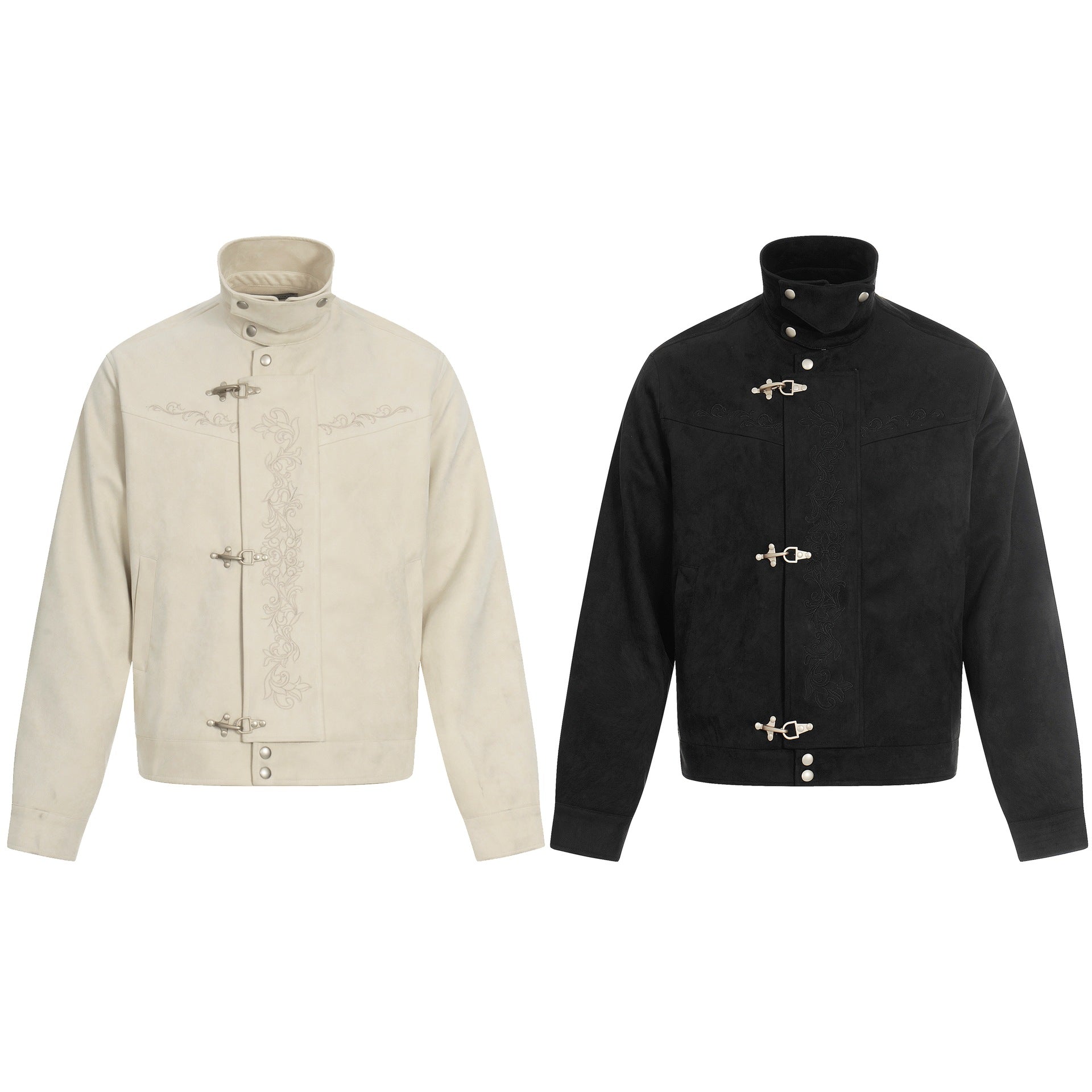 Men's short-cut suede leather blouson with stand-up collar, decorative embroidery, and toggle closure Chichicherry