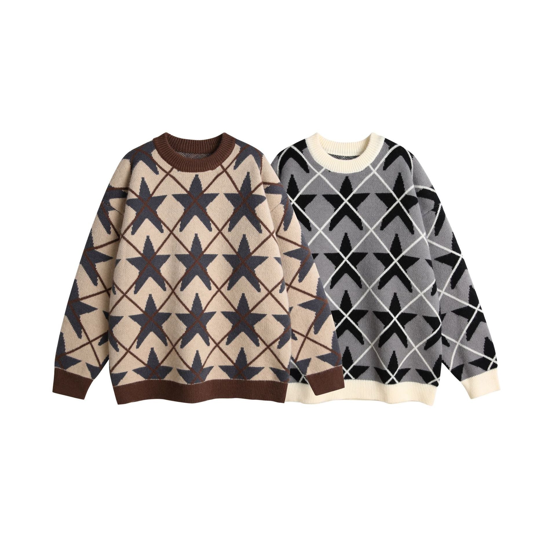 Unisex Chunky Knit Crew Neck Sweater with Star Jacquard Chichicherry