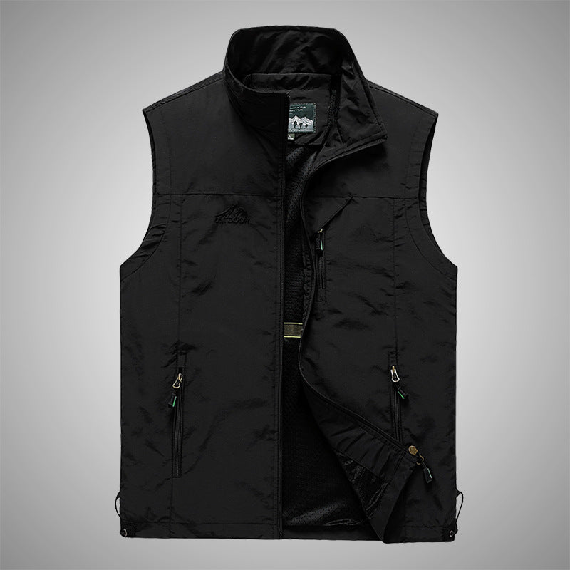 Men's Multifunctional Utility Vest with Stand-up Collar, Zipper Pockets, and Breathable Mesh Lining Chichicherry