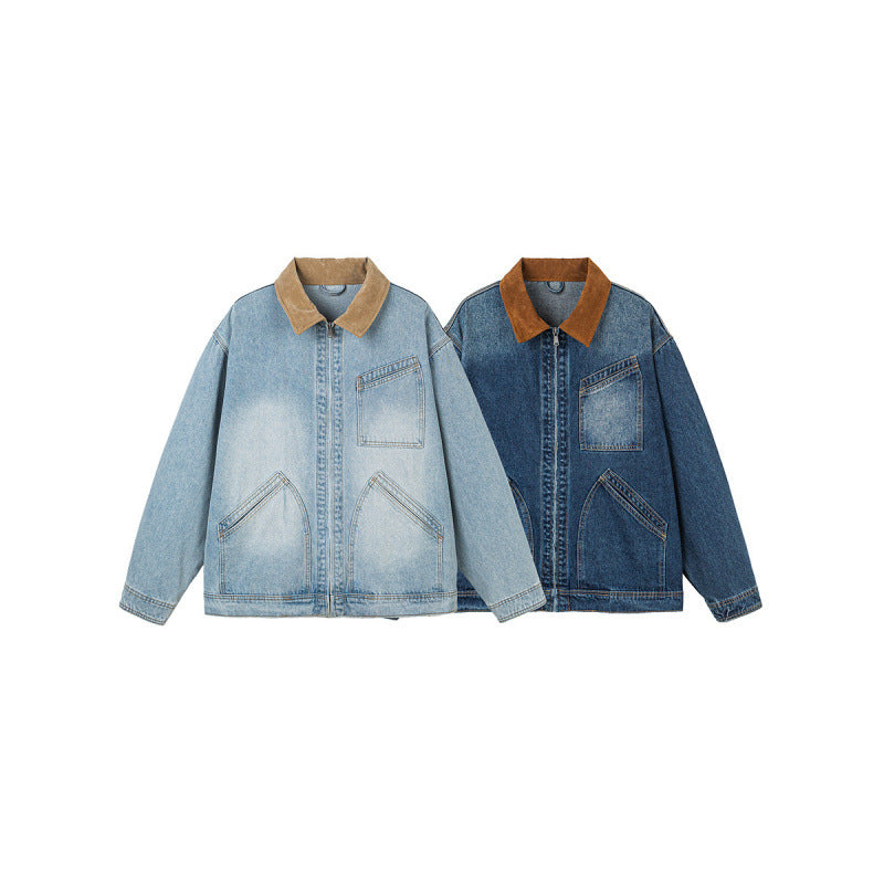 Men's Boxy Denim Jacket in Worker Style with Cord Collar and Front Zipper Chichicherry