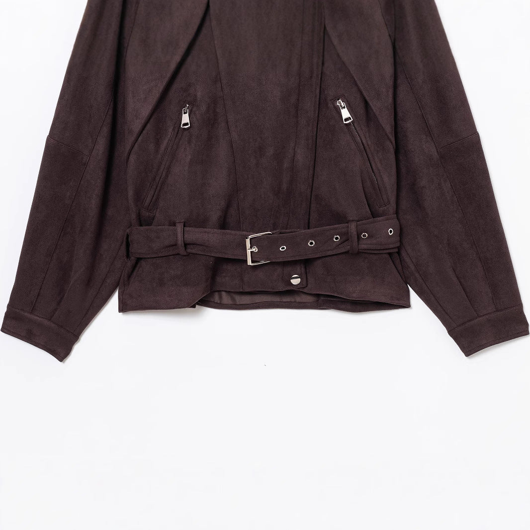 Women Short Suede Look Trench Coat with Waist Belt and Zipper Details Chichicherry