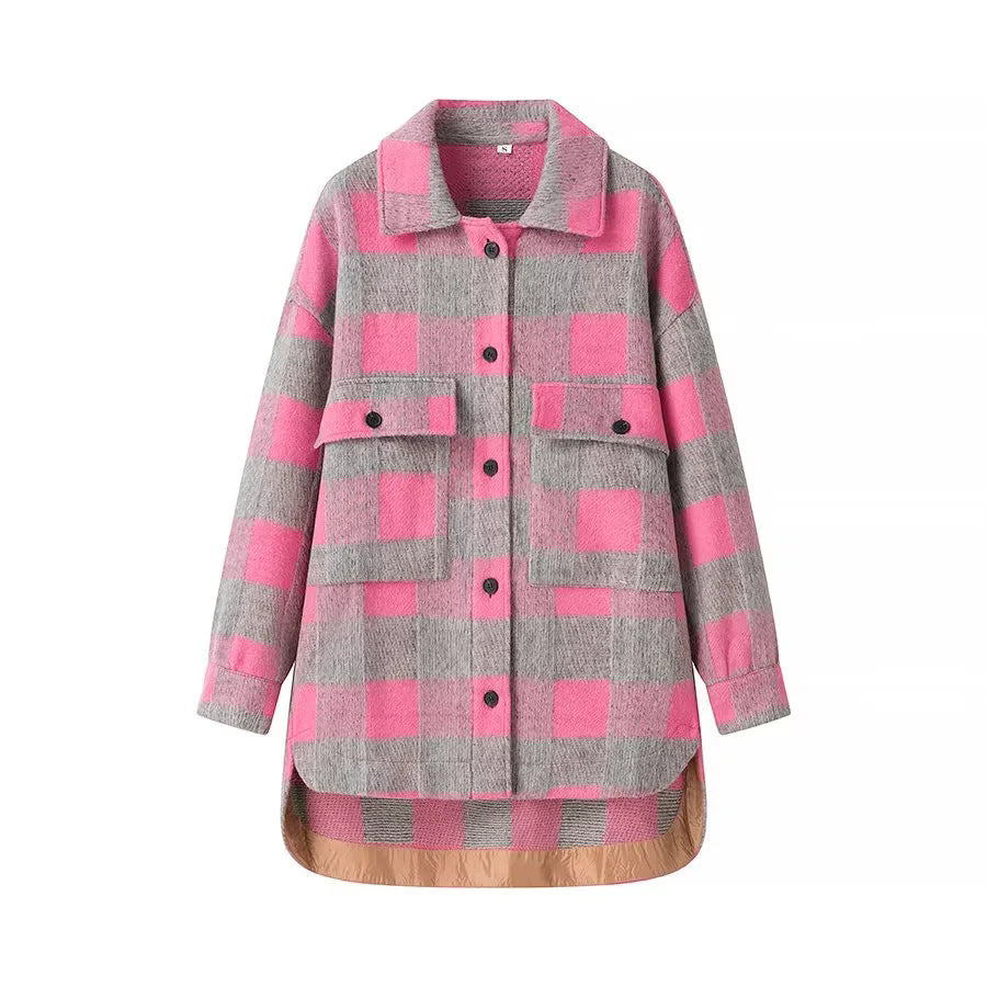 Women's Oversized Checked Shacket with Patch Chest Pockets and Rounded Hemline Chichicherry