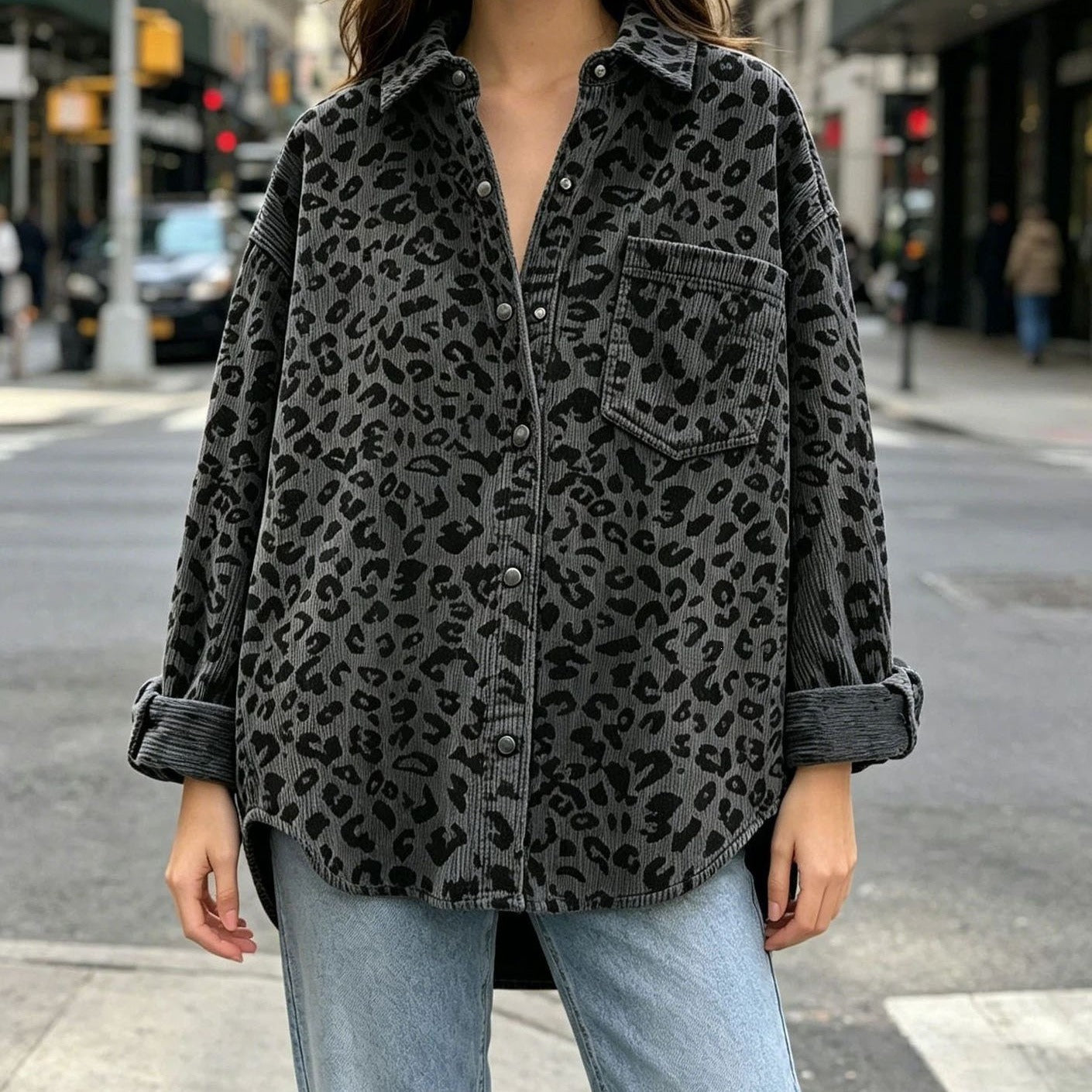 Women's Oversize Cord Shirt Jacket with Leopard Print and Snap Buttons Chichicherry