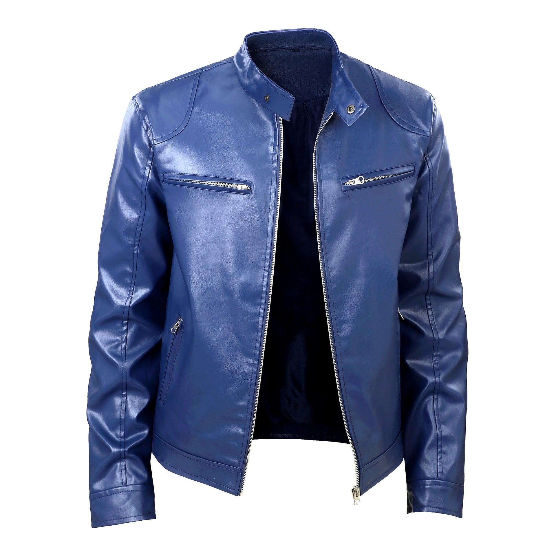 Men's Slim-Fit Biker Style Leather Jacket with Stand-up Collar, Zipper Pockets and Soft Lamb Nappa Chichicherry