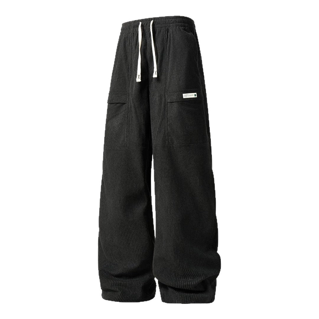 Men's Wide Cord Cargo Pants with Drawstring Waist, Flap Pockets & Ribbed Texture Chichicherry