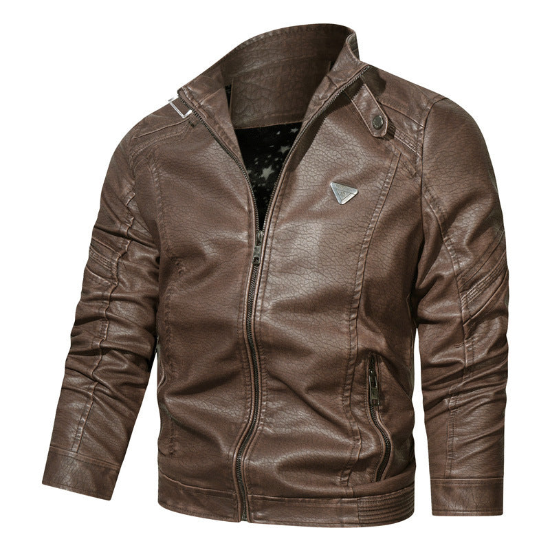 Men's Faux Leather Bomber Jacket in Used Denim Look with Stand Collar and Zipper Pockets Chichicherry
