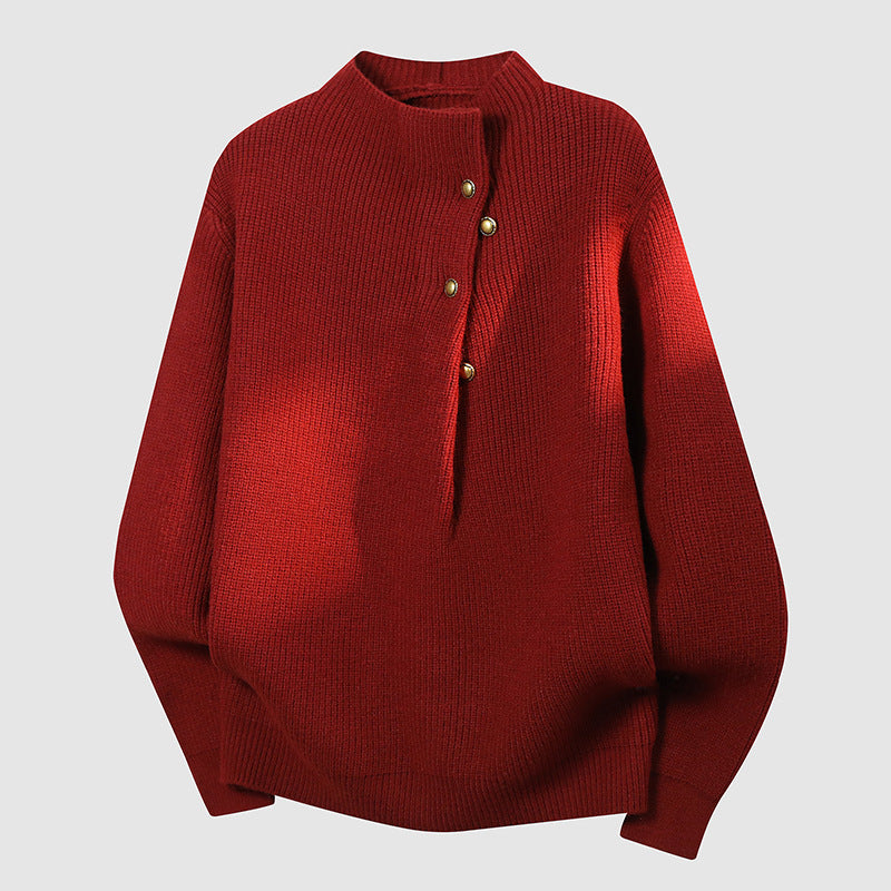Damen Oversized Feinstrick-Pullover mit asymmetrischer Knopfleiste und Stehkragen Chichicherry