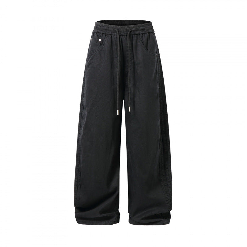 Unisex Loose Denim Pants with Elastic Waistband, Drawstring and Five Pockets Chichicherry
