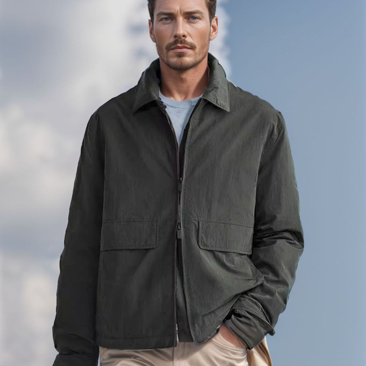 Men's Lightweight Utility Blouson Jacket with Shirt Collar and Applied Flap Pockets Chichicherry