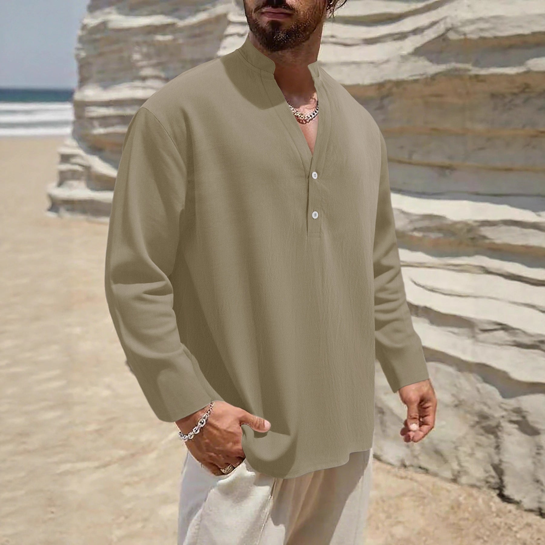 Men's Lightweight Linen Henley with Stand-up Collar and 2-Button Placket Chichicherry