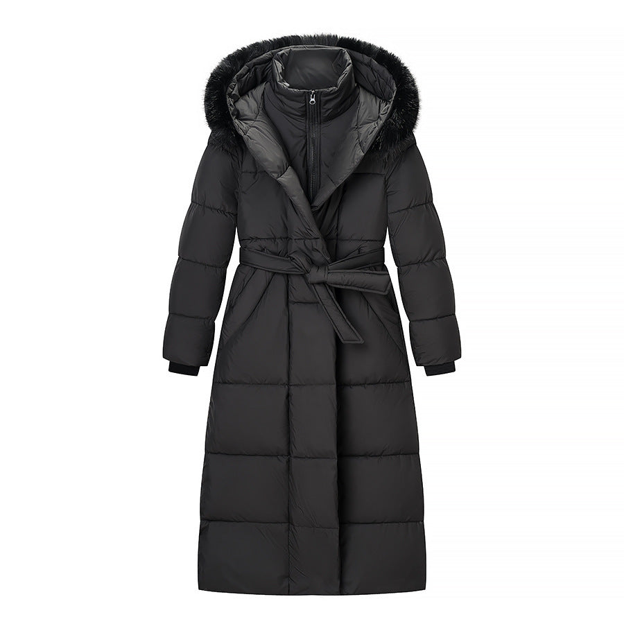 Women's Longer Quilted Down Coat with Hood, Faux Fur Trim and Waist Belt Chichicherry