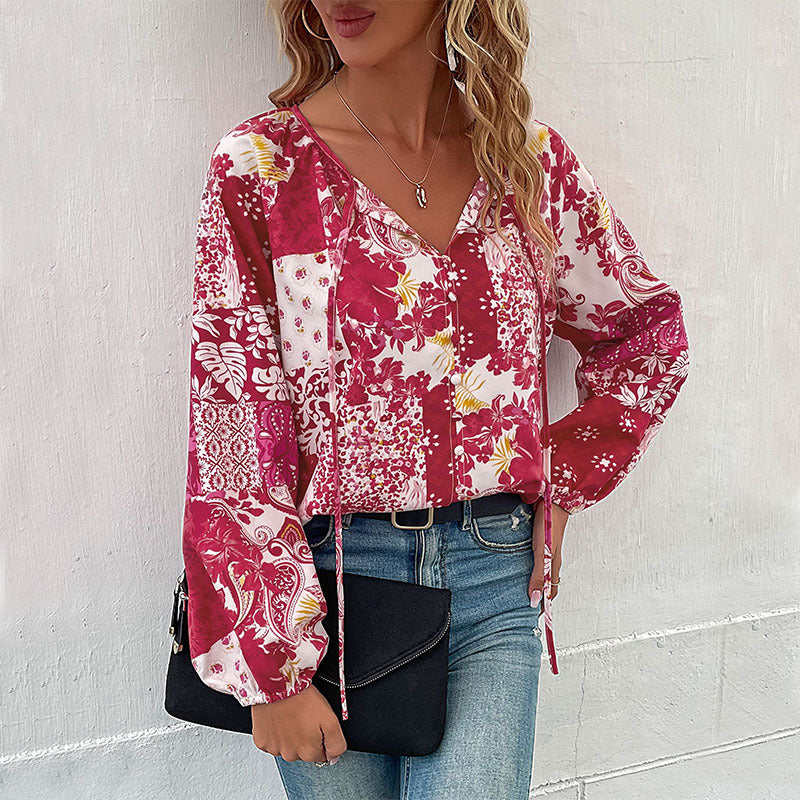 Women's Light Boho Blouse with Patchwork Print, Tied Slit and Balloon Sleeves Chichicherry