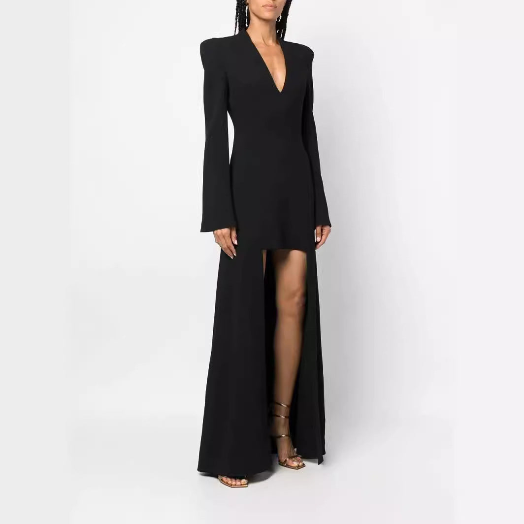 Women's maxi dress in blazer style with pronounced shoulder pads, tailored silhouette and high leg slit Chichicherry