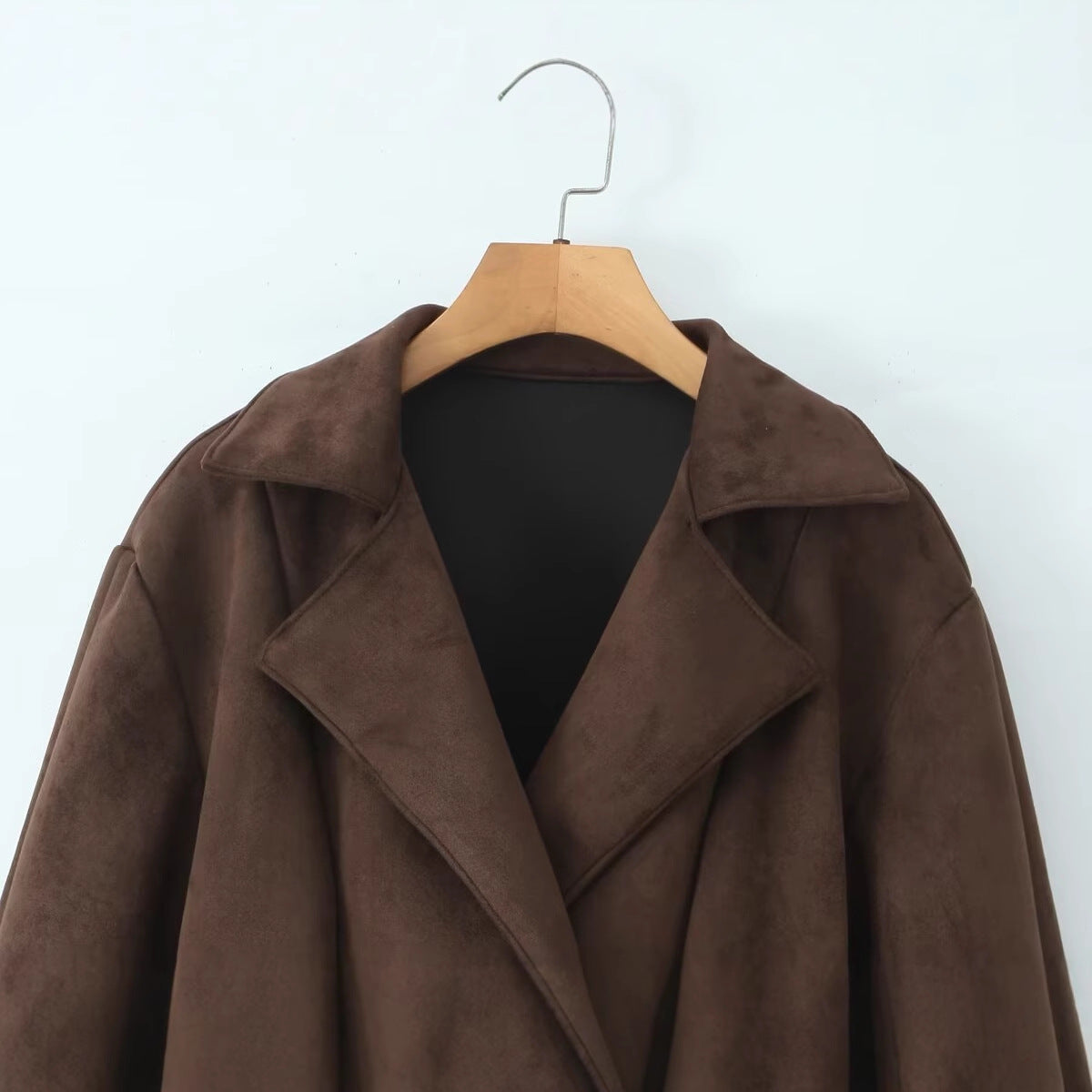 Women's Short Suede Look Jacket with Waist Belt and Lapel Collar Chichicherry