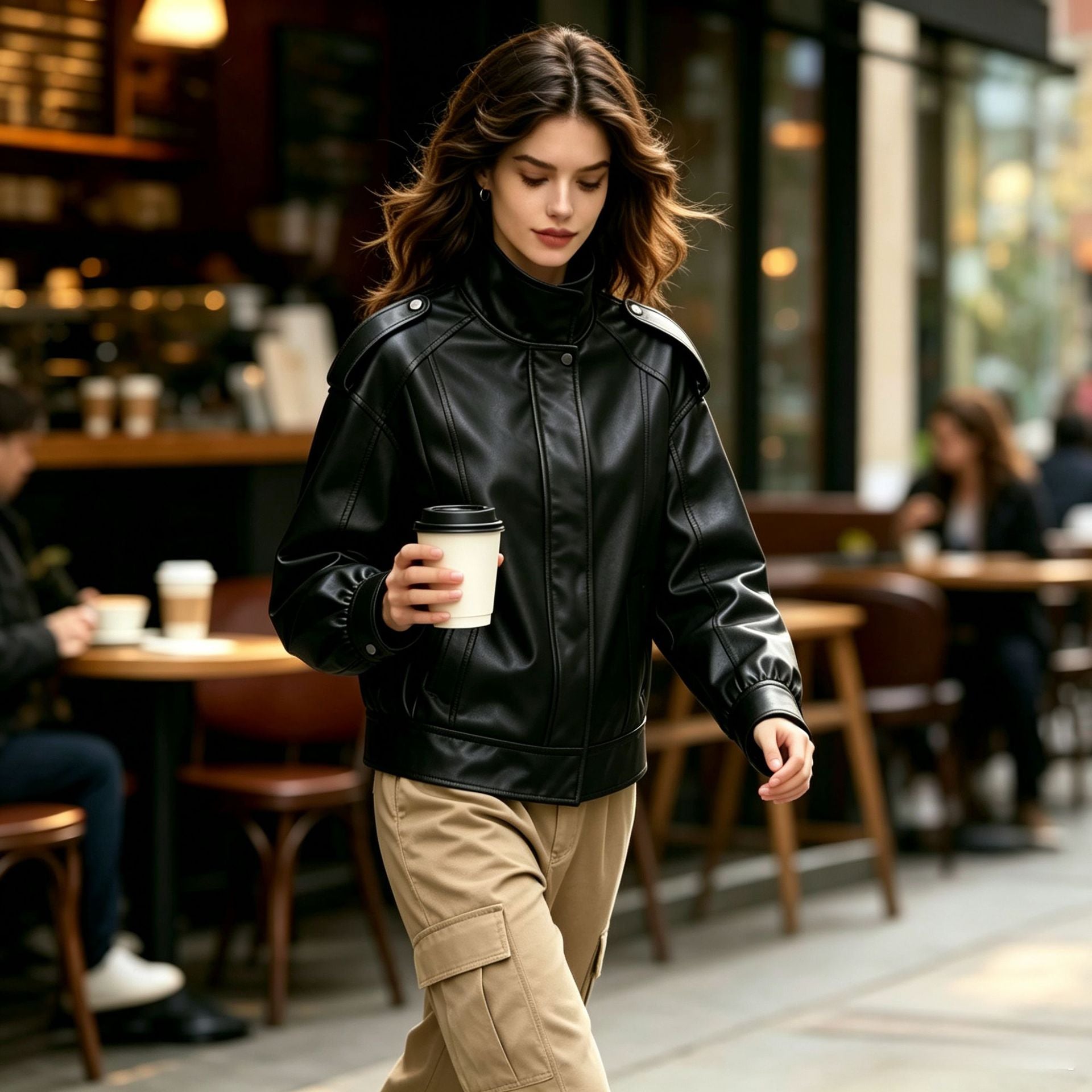 Women Oversized Leather Jacket with High Stand-Up Collar and Shoulder Patches Chichicherry