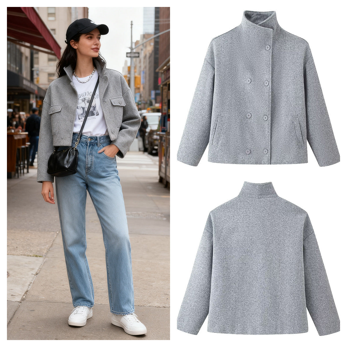 Women's Boxy Double-Breasted Short Coat made of Wool Blend with Stand-Up Collar Chichicherry