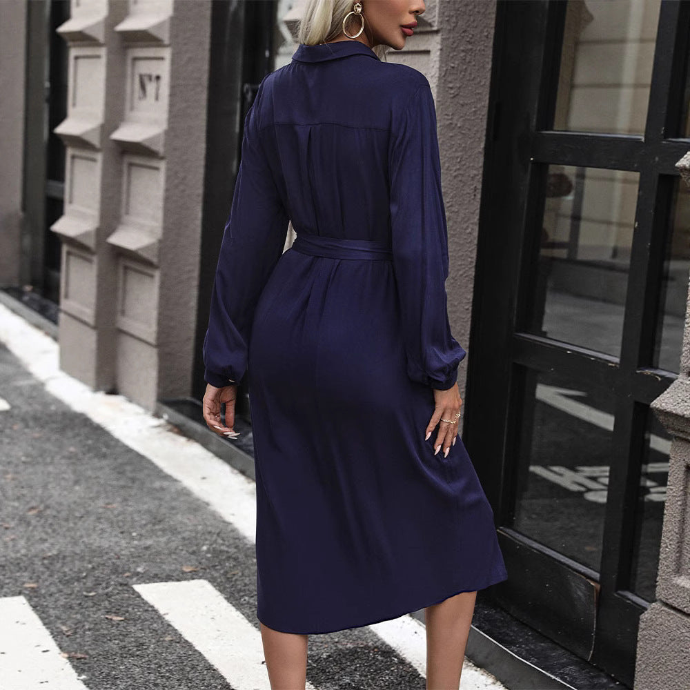 Women's midi dress in shirt blouse style with tying belt, concealed button placket, and high side slit Chichicherry