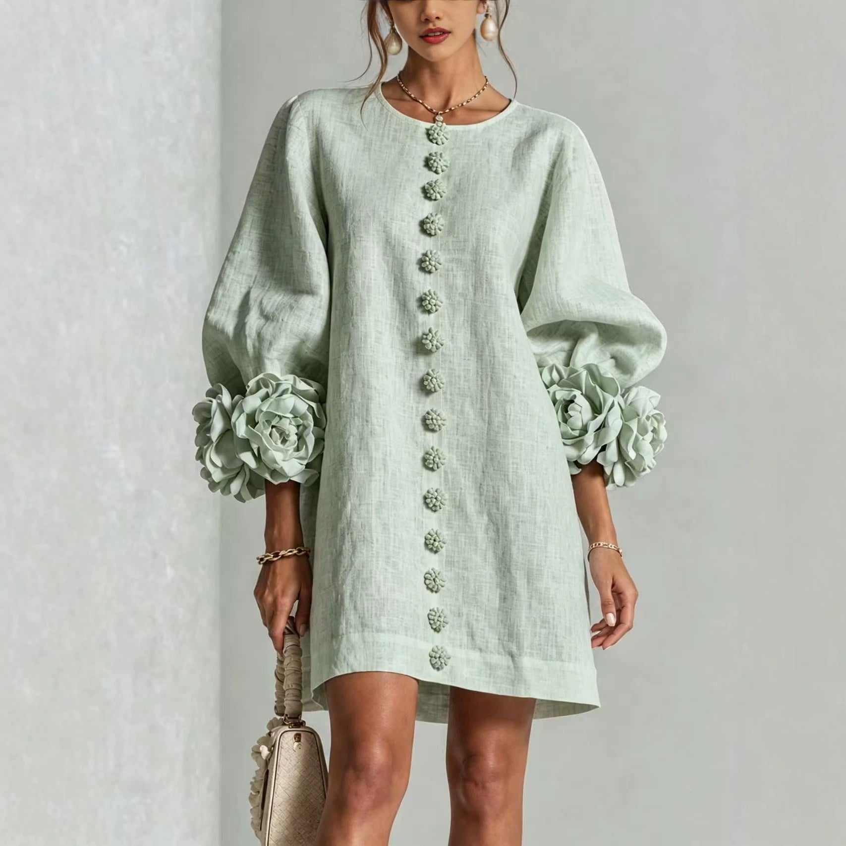 Damen Midikleid mit voluminösen Puffärmeln, 3D-Blütenknopfleiste und Leinenstruktur Chichicherry