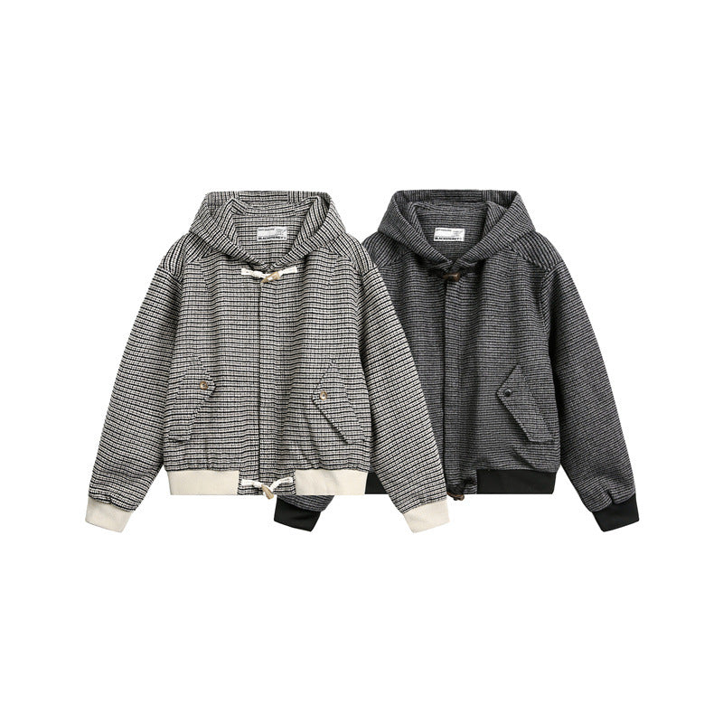 Unisex short-cut hooded blouson jacket in mixed structure with toggle closure and ribbed cuffs Chichicherry