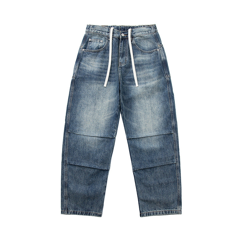 Women Wide Cropped Jeans with High Waist, Quilted Knee Panels and Drawstring Waist Chichicherry