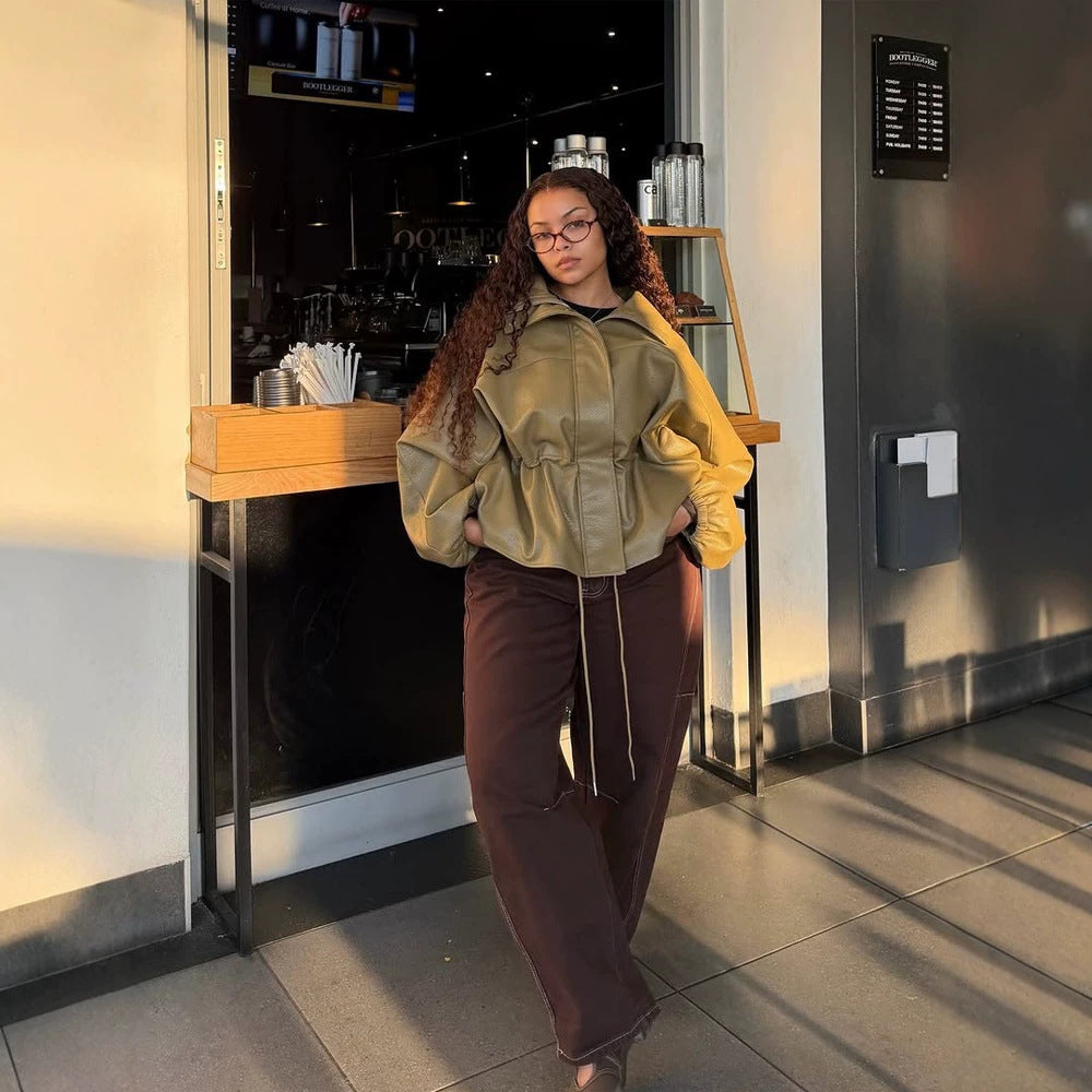 Women Boxy Faux Leather Jacket with High Stand-Up Collar, Drawstring Waist and Balloon Sleeves Chichicherry