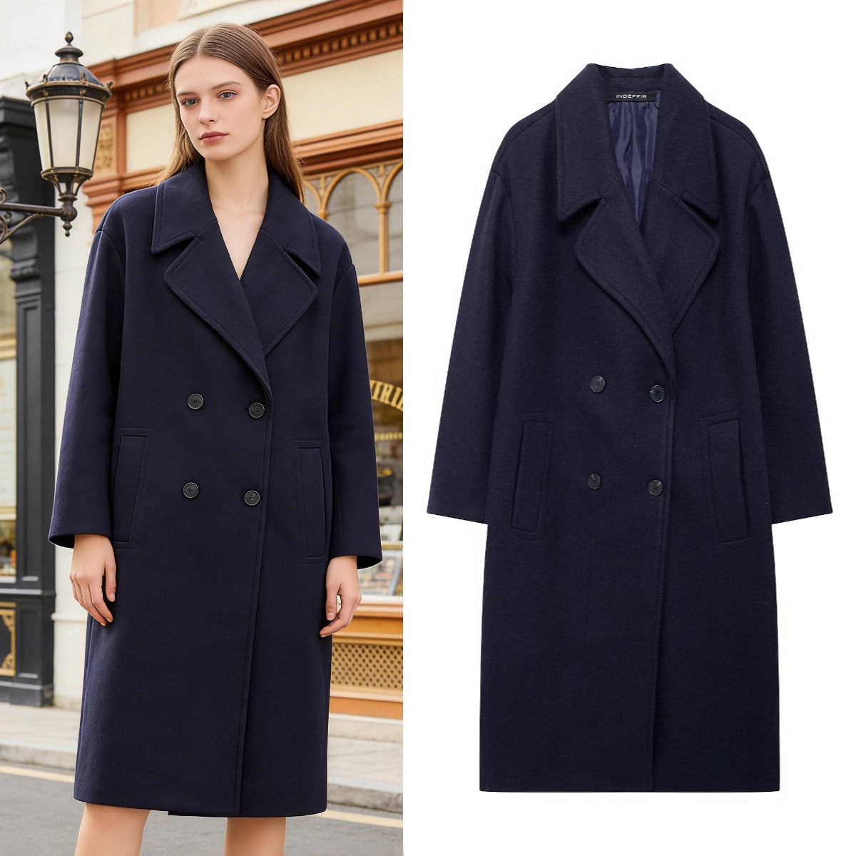 Women's Double-Breasted Wool Blend Coat with Oversized Cut and Lapel Collar Chichicherry