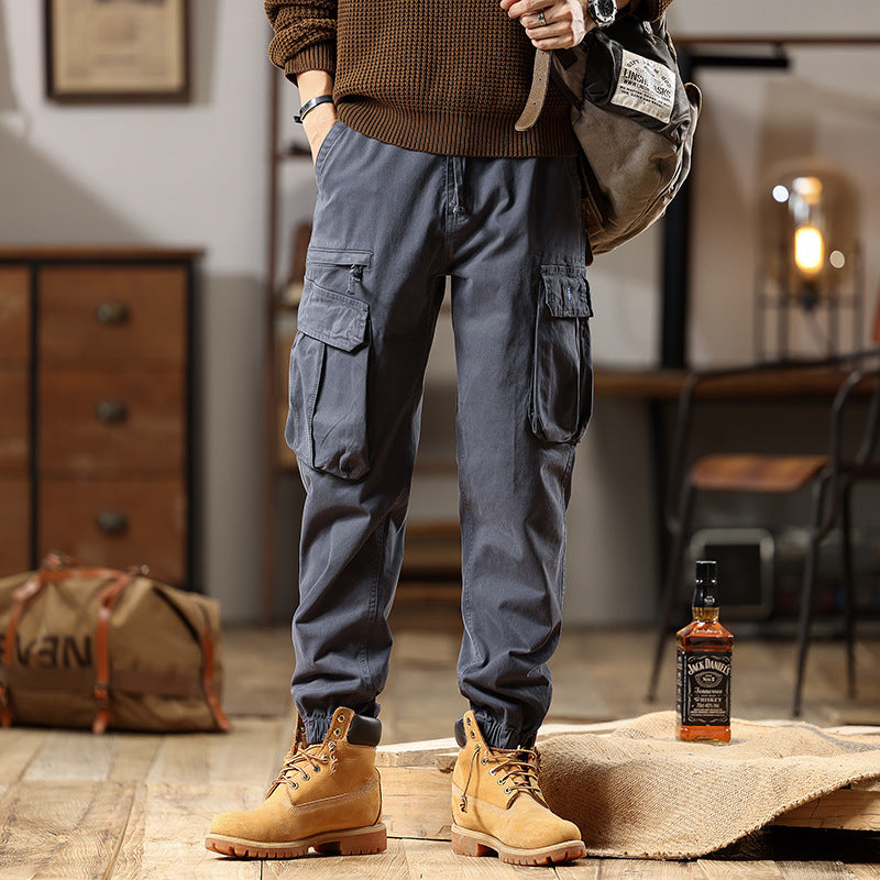 Men's Robust Cotton Cargo Pants with Elastic Hem and Multiple Pockets Chichicherry