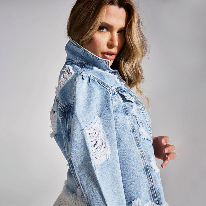 Women's Short Distressed Denim Jacket with Fringes and Used Effect Chichicherry