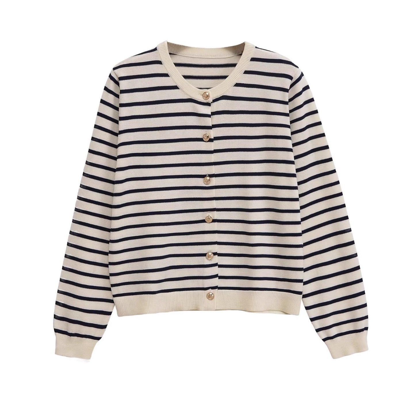 Women's Striped Lightweight Cardigan with Round Neckline and Decorative Buttons Chichicherry