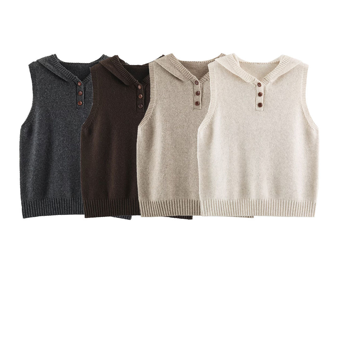Women's fine knit vest with hood, button placket, and ribbed waistband Chichicherry