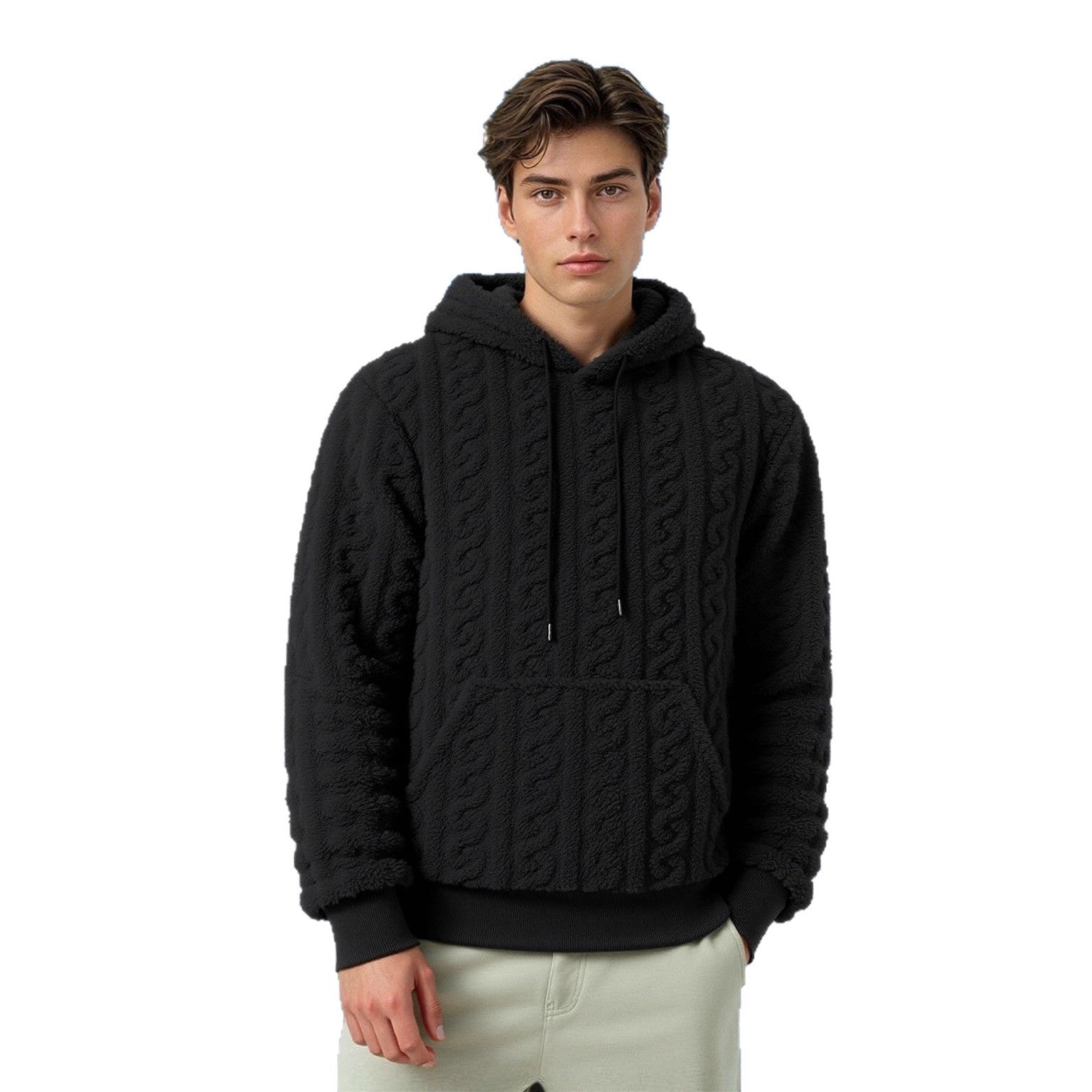 Men's fluffy sherpa hoodie with cable knit pattern, kangaroo pocket and ribbed cuffs Chichicherry