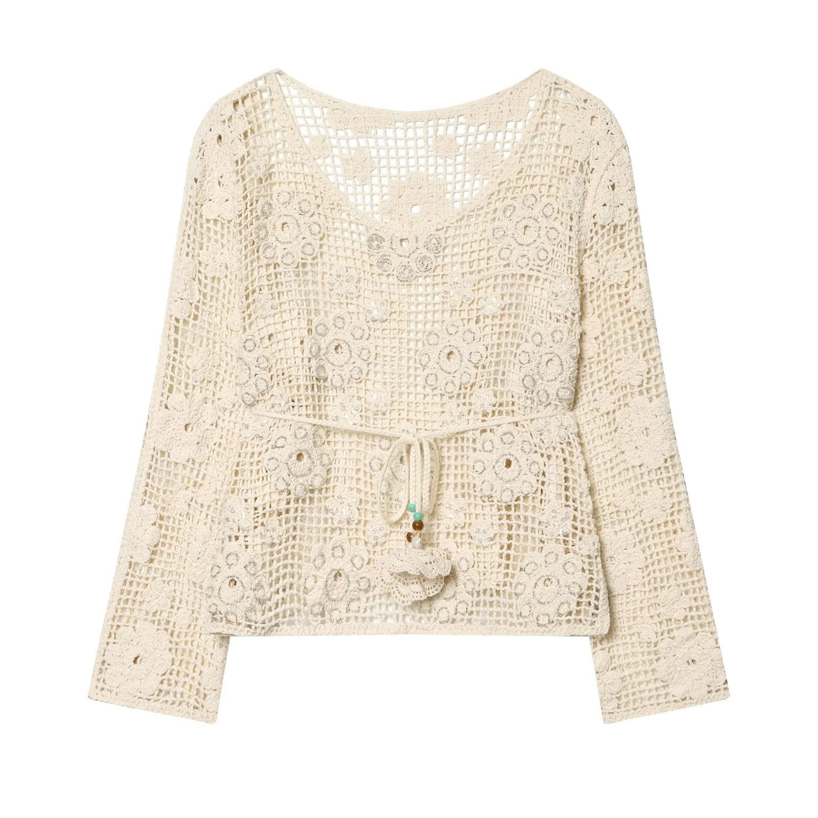 Women's crochet sweater with flower appliqués and drawstring Chichicherry