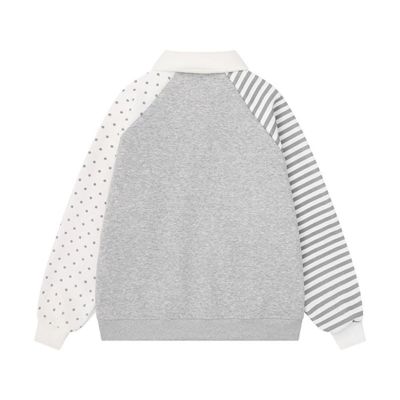 Women's Long Sleeve Polo Sweatshirt in Patchwork Style with Contrasting Sleeves and Star Applications Chichicherry