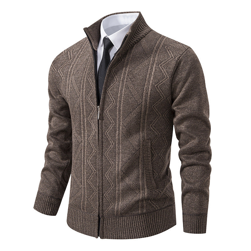Men's Structured Fine Knit Zip Cardigan with Stand-Up Collar and Geometric Cable Pattern Chichicherry