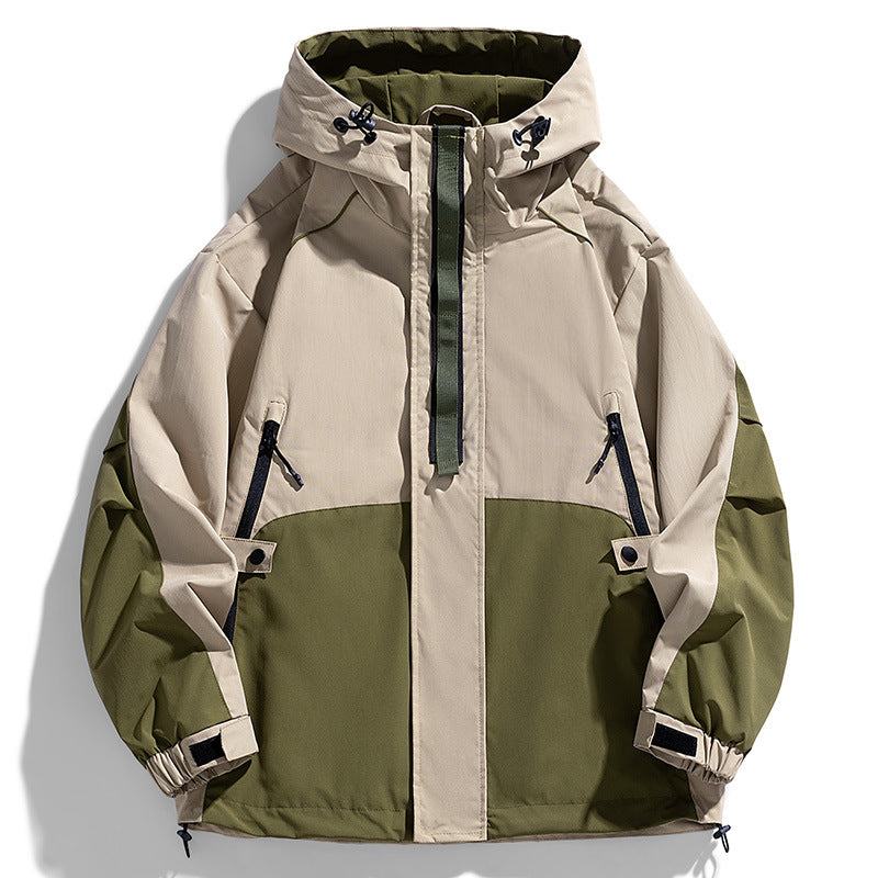Unisex Leichte zweifarbige Wind- und Regenjacke mit Kapuze, Kordelzug und Reißverschlusstaschen Chichicherry