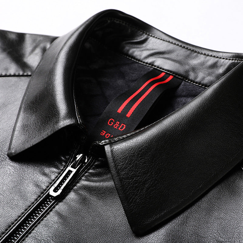 Men's Smooth Faux Leather Zip Jacket in Shirt Collar Style with Minimalist Seam Design Chichicherry