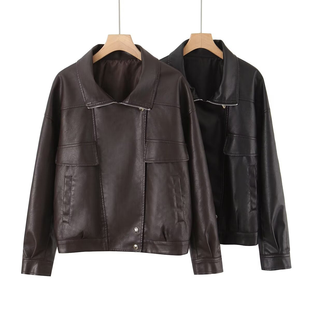 Women's Oversized Faux Leather Blouson Jacket with Asymmetric Zipper and Flap Pockets Chichicherry