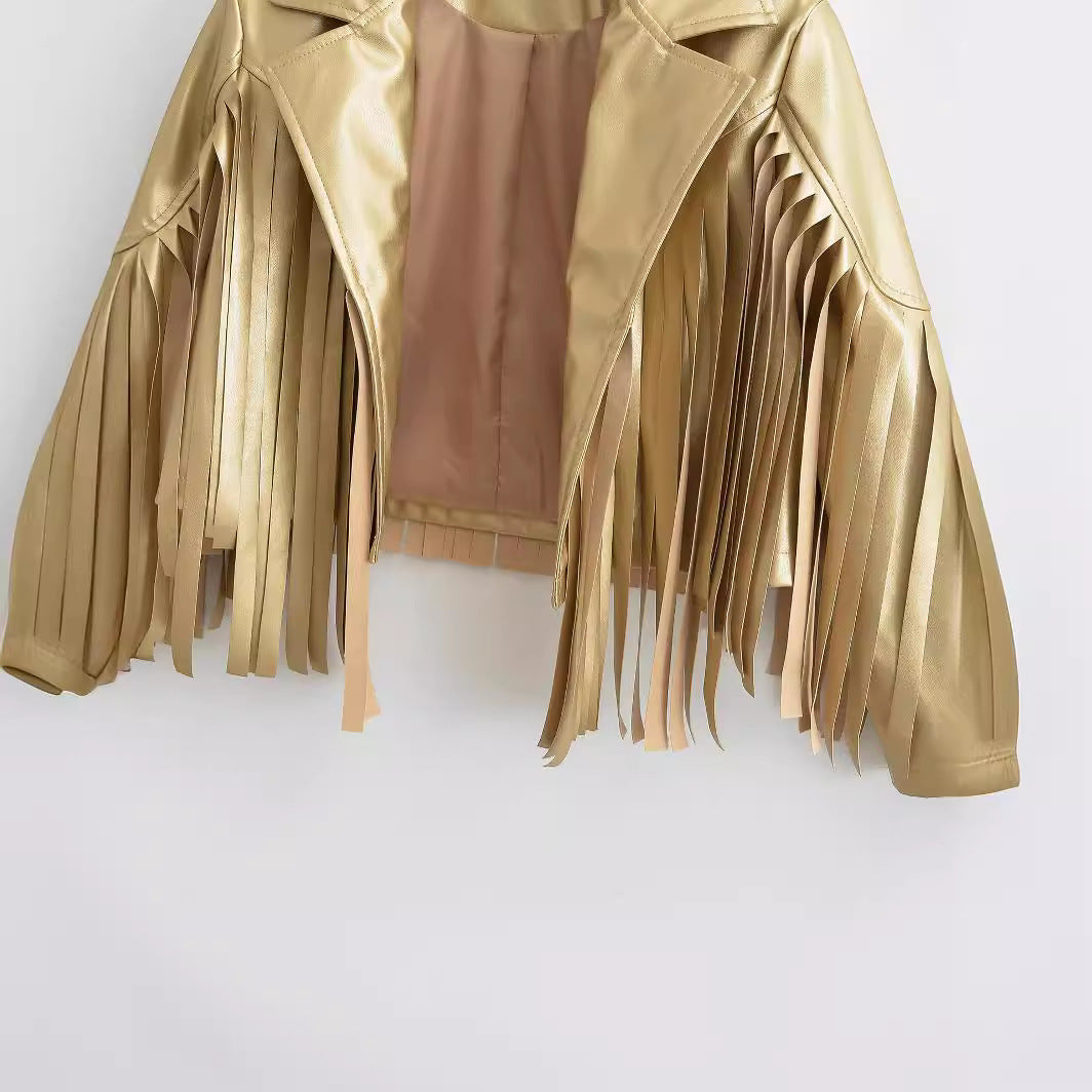 Women’s short jacket in biker style with metallic look and long leather fringes Chichicherry