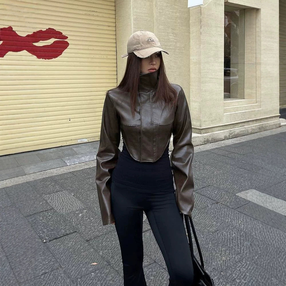 Women Cropped Faux Leather Corset Jacket with High Standing Collar and Extended Sleeves Chichicherry