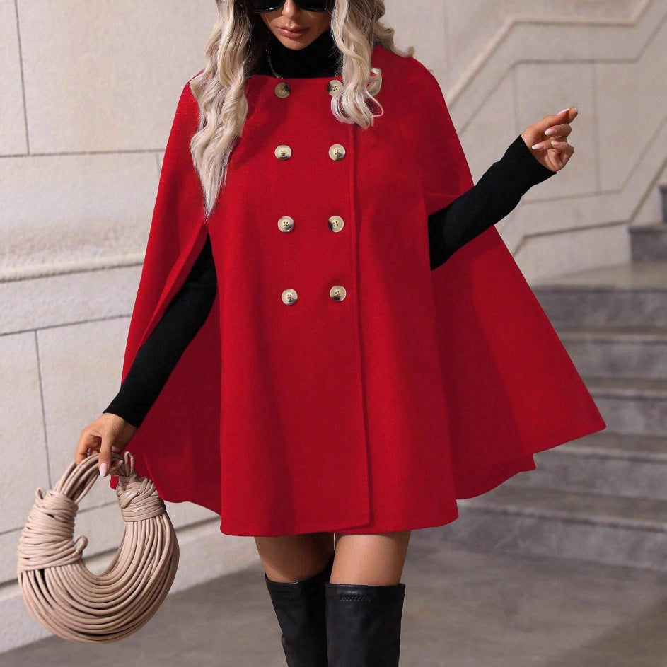 Women's Double-breasted Wool Cape Coat with Arm Openings and Stand-up Collar Chichicherry