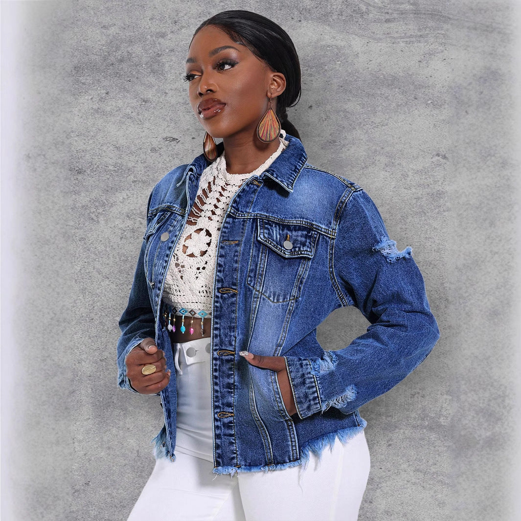 Women's Casual Denim Jacket with Distressed Details, Patch Chest Pockets and Frayed Hem Chichicherry