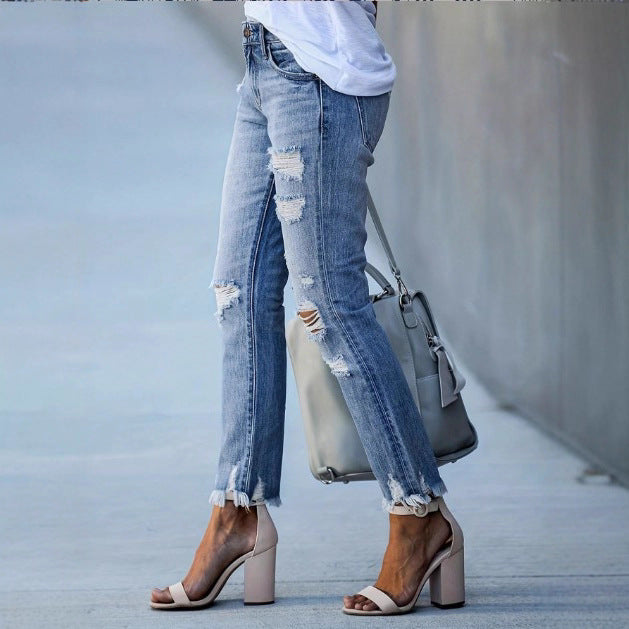 Ladies Casual Cropped Jeans with Distressed Destroy Design, High Waist and Asymmetrical Fringed Hem Chichicherry
