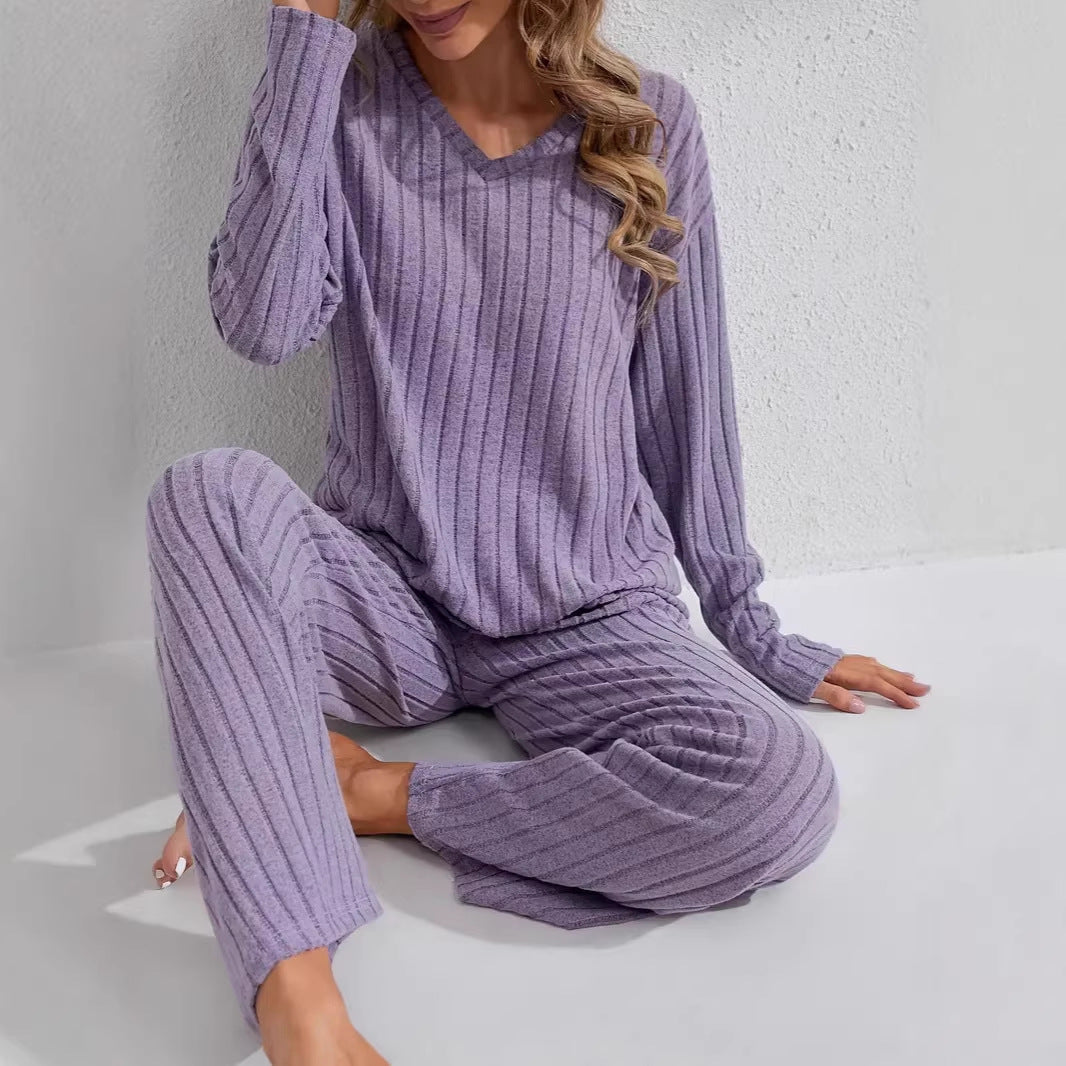 Women Two-Piece Ribbed Lounge Set with V-Neck and Wide Leg Chichicherry