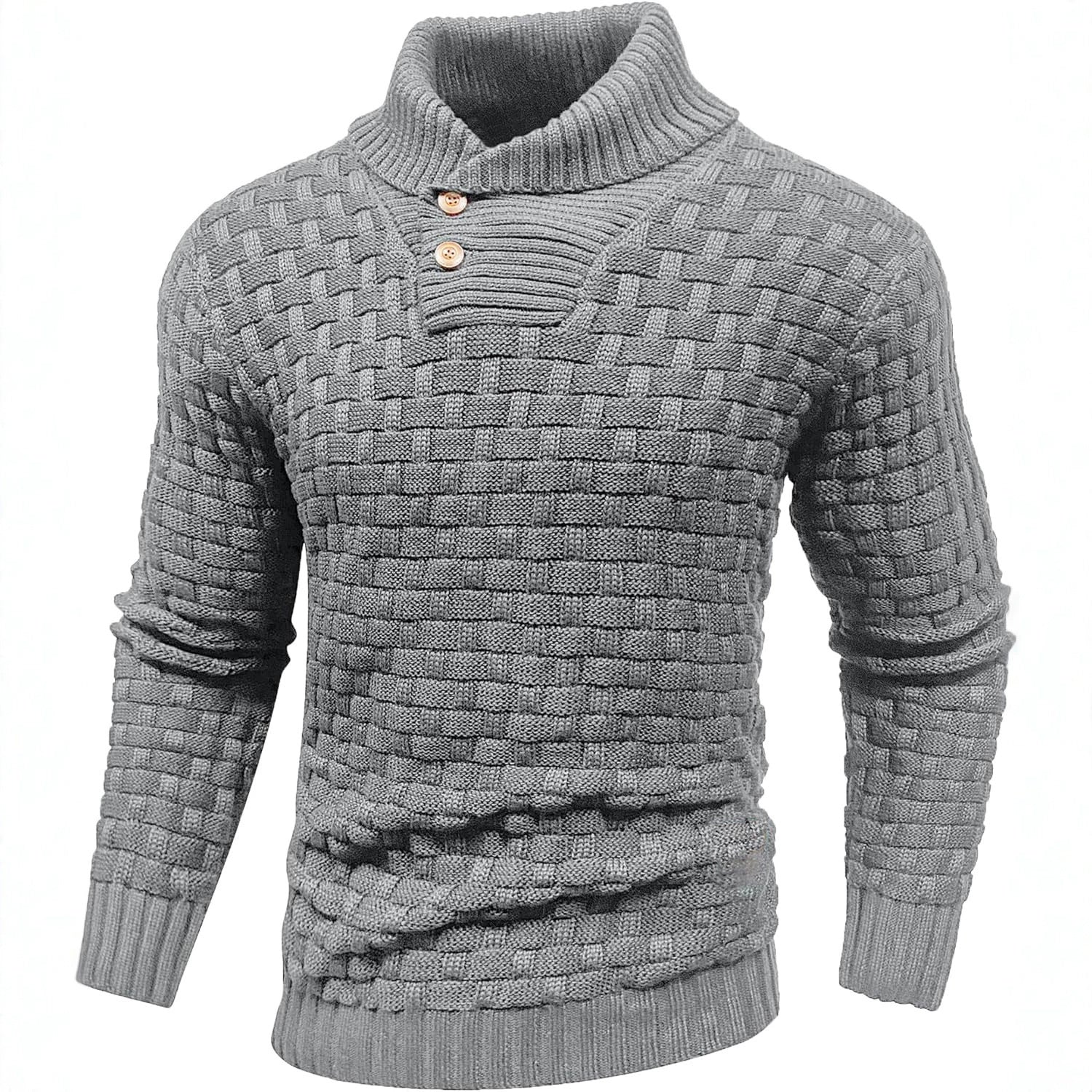 Men's chunky knit sweater with high roll neck, button placket and basket knit Chichicherry