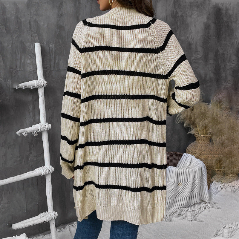 Women Long Oversize Cardigan with Ribbed Texture, Horizontal Stripes and Decorative Button Placket Chichicherry