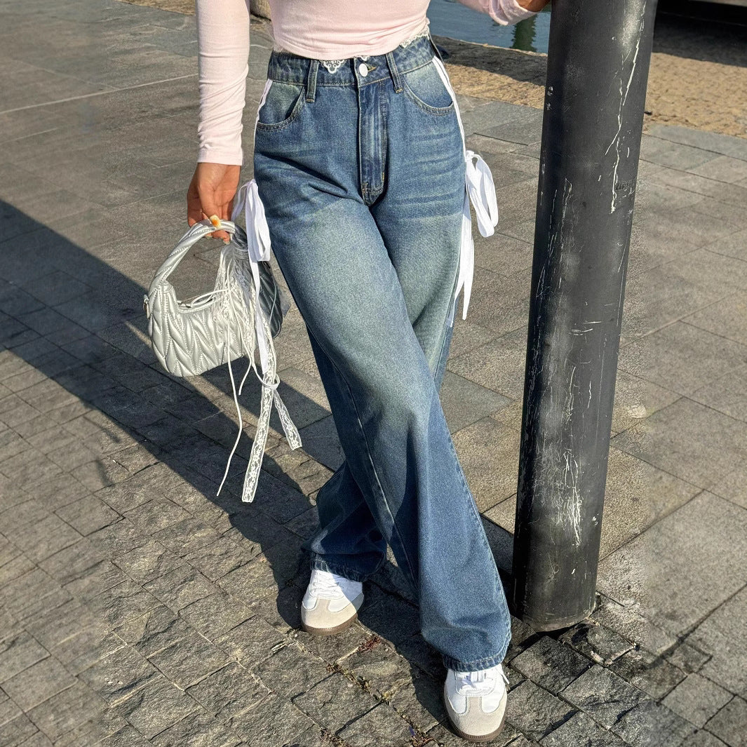 Ladies Wide High-Waist Denim Jeans with Decorative Side Stripes and Straight Leg Chichicherry