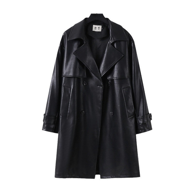 Men's Faux Leather Trench Coat with Double-Breasted, Oversized Cut and Cuff Straps Chichicherry